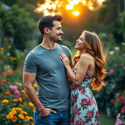 A romantic scene featuring a handsome man with short dark hair and a well-defined jawline, wearing a casual fitted t-shirt and jeans, standing next to his girlfriend