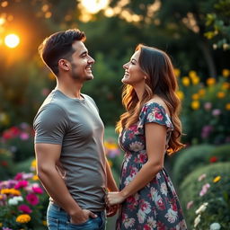 A romantic scene featuring a handsome man with short dark hair and a well-defined jawline, wearing a casual fitted t-shirt and jeans, standing next to his girlfriend
