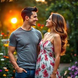 A romantic scene featuring a handsome man with short dark hair and a well-defined jawline, wearing a casual fitted t-shirt and jeans, standing next to his girlfriend