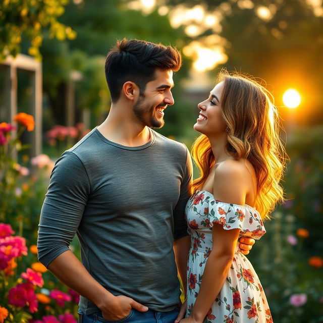 A romantic scene featuring a handsome man with short dark hair and a well-defined jawline, wearing a casual fitted t-shirt and jeans, standing next to his girlfriend