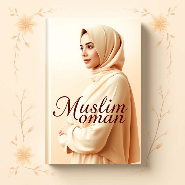 A beautifully designed book cover titled 'Muslim Woman' featuring a Muslim woman in an elegant beige hijab, exuding grace and strength