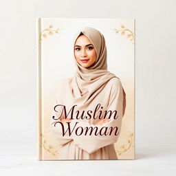 A beautifully designed book cover titled 'Muslim Woman' featuring a Muslim woman in an elegant beige hijab, exuding grace and strength