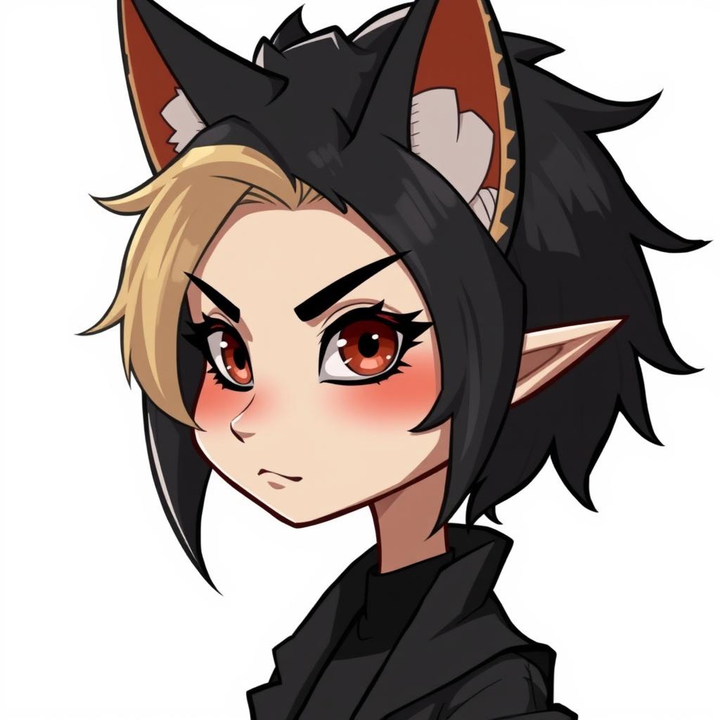 A humanoid figure with an elongated face resembling a human, featuring small fox-like eyes