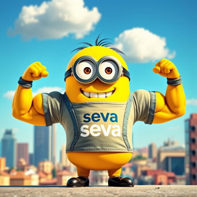 A muscular minion wearing a t-shirt that says 'seva'