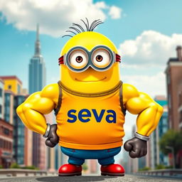 A muscular minion wearing a t-shirt that says 'seva'