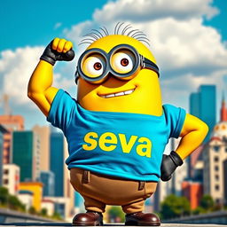 A muscular minion wearing a t-shirt that says 'seva'