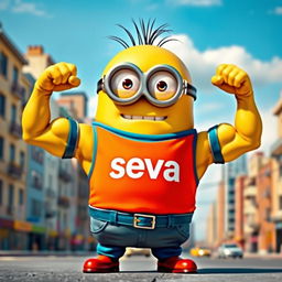 A muscular minion wearing a t-shirt that says 'seva'