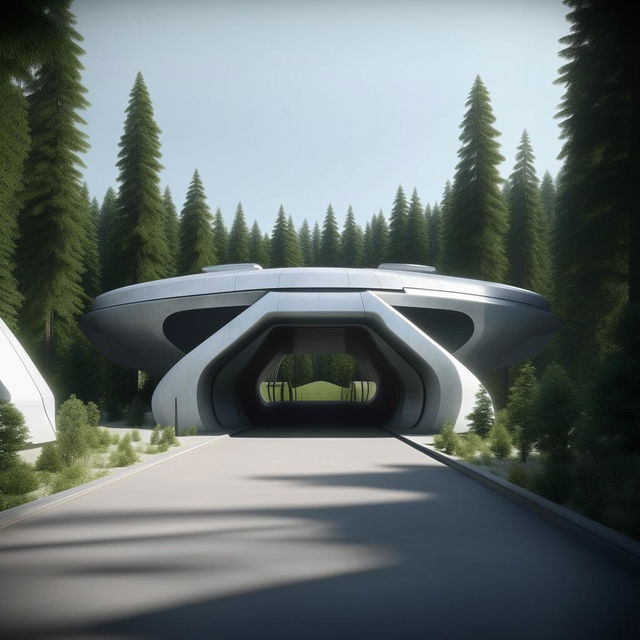 front view of entrance of futuristic maximum-security penitentiary's driveway including security cameras in the middle of forest in broad daylight based on https://files.dreamhome.software/files/static/37174