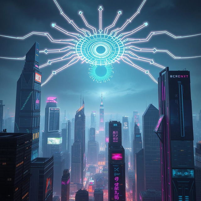 A futuristic cityscape filled with towering skyscrapers, adorned with holographic advertisements and vibrant neon lights