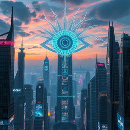 A futuristic cityscape filled with towering skyscrapers, adorned with holographic advertisements and vibrant neon lights