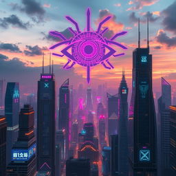 A futuristic cityscape filled with towering skyscrapers, adorned with holographic advertisements and vibrant neon lights