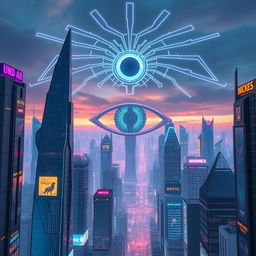 A futuristic cityscape filled with towering skyscrapers, adorned with holographic advertisements and vibrant neon lights