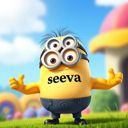 A muscular minion character wearing a t-shirt with the text "seva" on it
