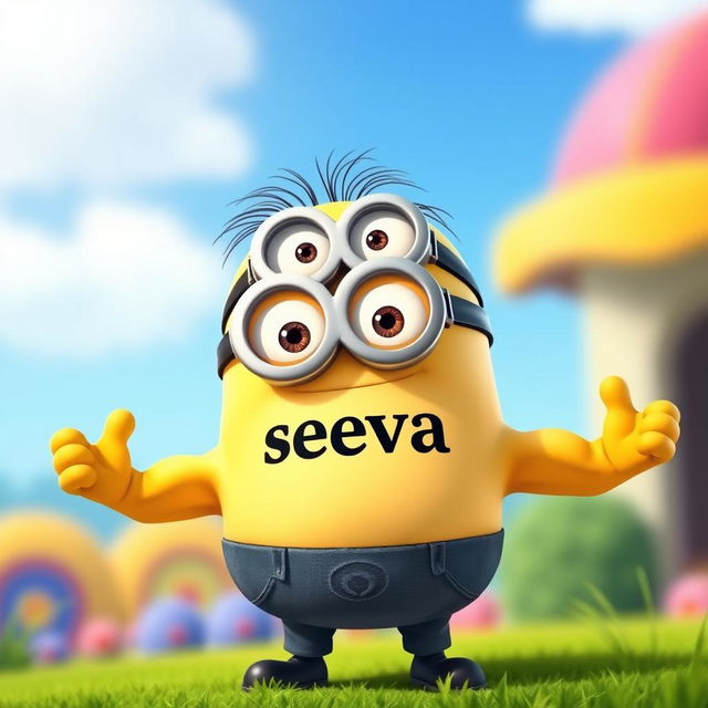 A muscular minion character wearing a t-shirt with the text "seva" on it