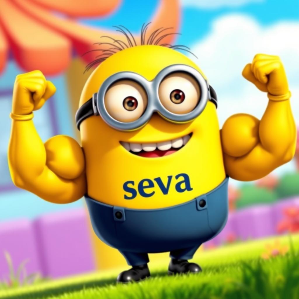 A muscular minion character wearing a t-shirt with the text "seva" on it