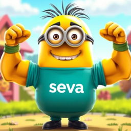A muscular minion character wearing a t-shirt with the text "seva" on it