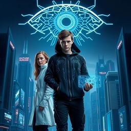 A visually striking poster featuring a futuristic, high-tech aesthetic with a sleek dark blue and silver color palette