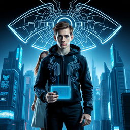A visually striking poster featuring a futuristic, high-tech aesthetic with a sleek dark blue and silver color palette