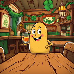 A whimsical illustration of a potato character humorously drinking rum at an Irish pub, designed as a background for a Chromebook