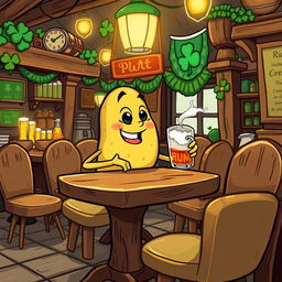 A whimsical illustration of a potato character humorously drinking rum at an Irish pub, designed as a background for a Chromebook