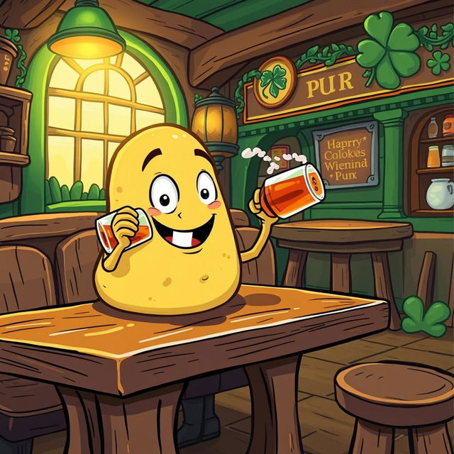 A whimsical illustration of a potato character humorously drinking rum at an Irish pub, designed as a background for a Chromebook