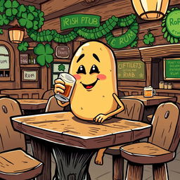 A whimsical illustration of a potato character humorously drinking rum at an Irish pub, designed as a background for a Chromebook