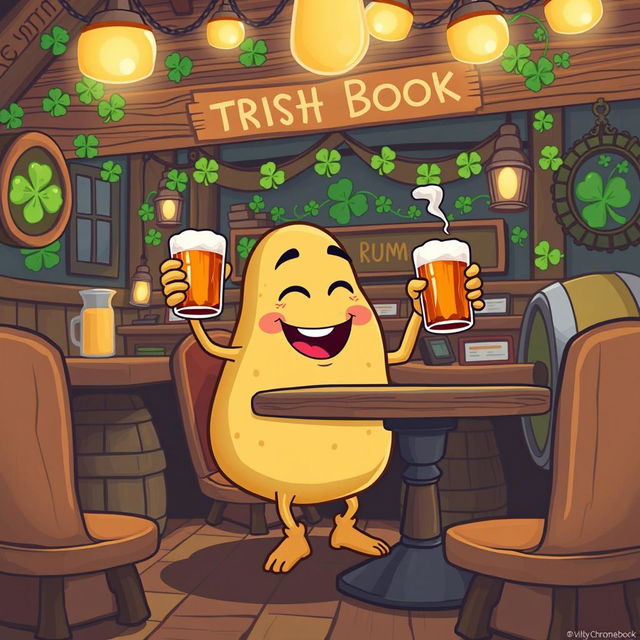 A whimsical illustration of a potato character humorously drinking rum at an Irish pub, set up as a vibrant background for a Chromebook