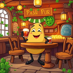A whimsical illustration of a potato character humorously drinking rum at an Irish pub, set up as a vibrant background for a Chromebook