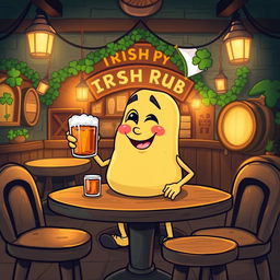 A whimsical illustration of a potato character humorously drinking rum at an Irish pub, set up as a vibrant background for a Chromebook