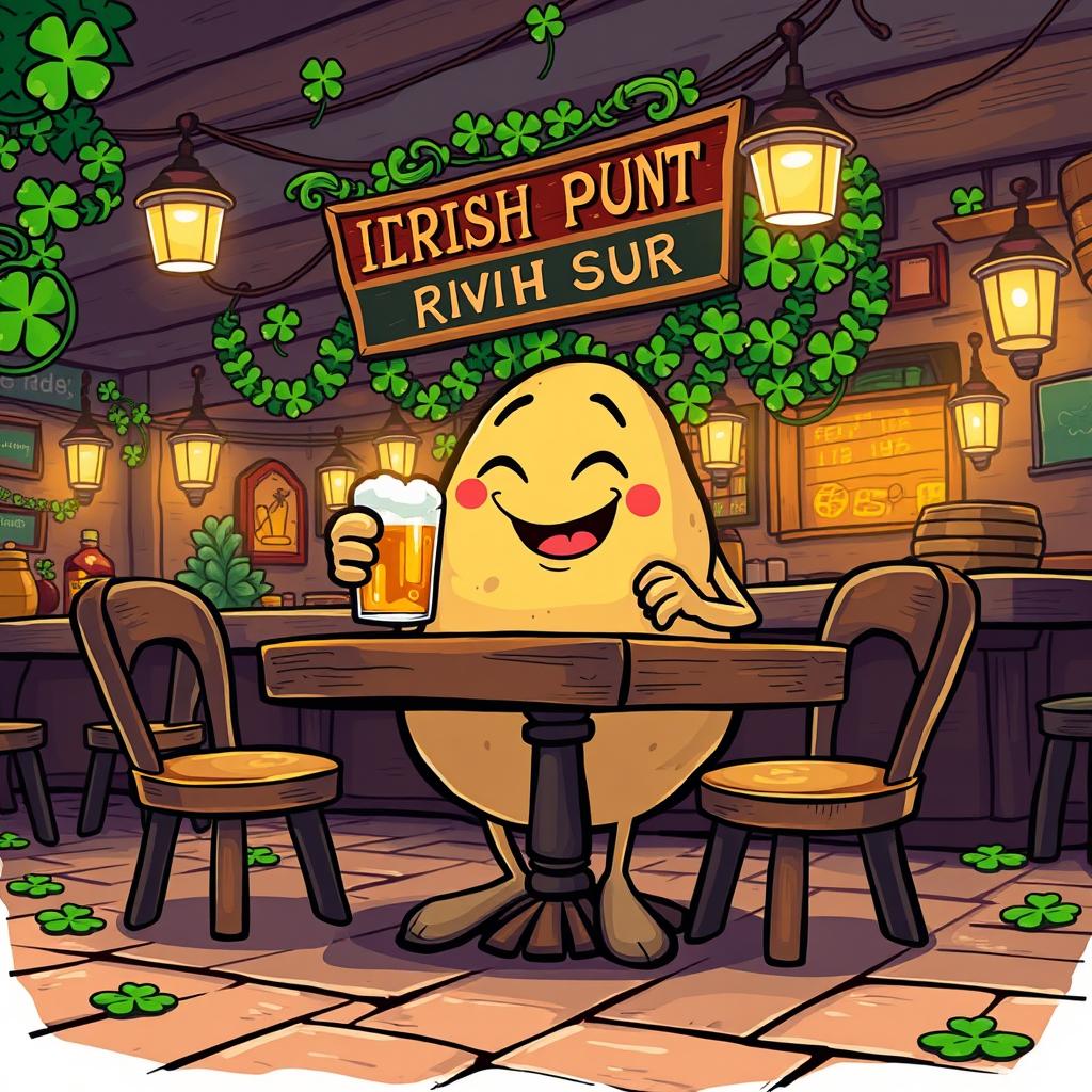 A whimsical illustration of a potato character humorously drinking rum at an Irish pub, set up as a vibrant background for a Chromebook