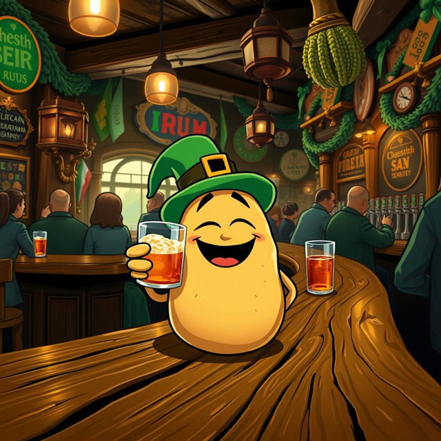 A whimsical scene featuring a cartoonish potato character joyfully drinking a glass of rum, sitting at a rustic wooden bar in an Irish pub