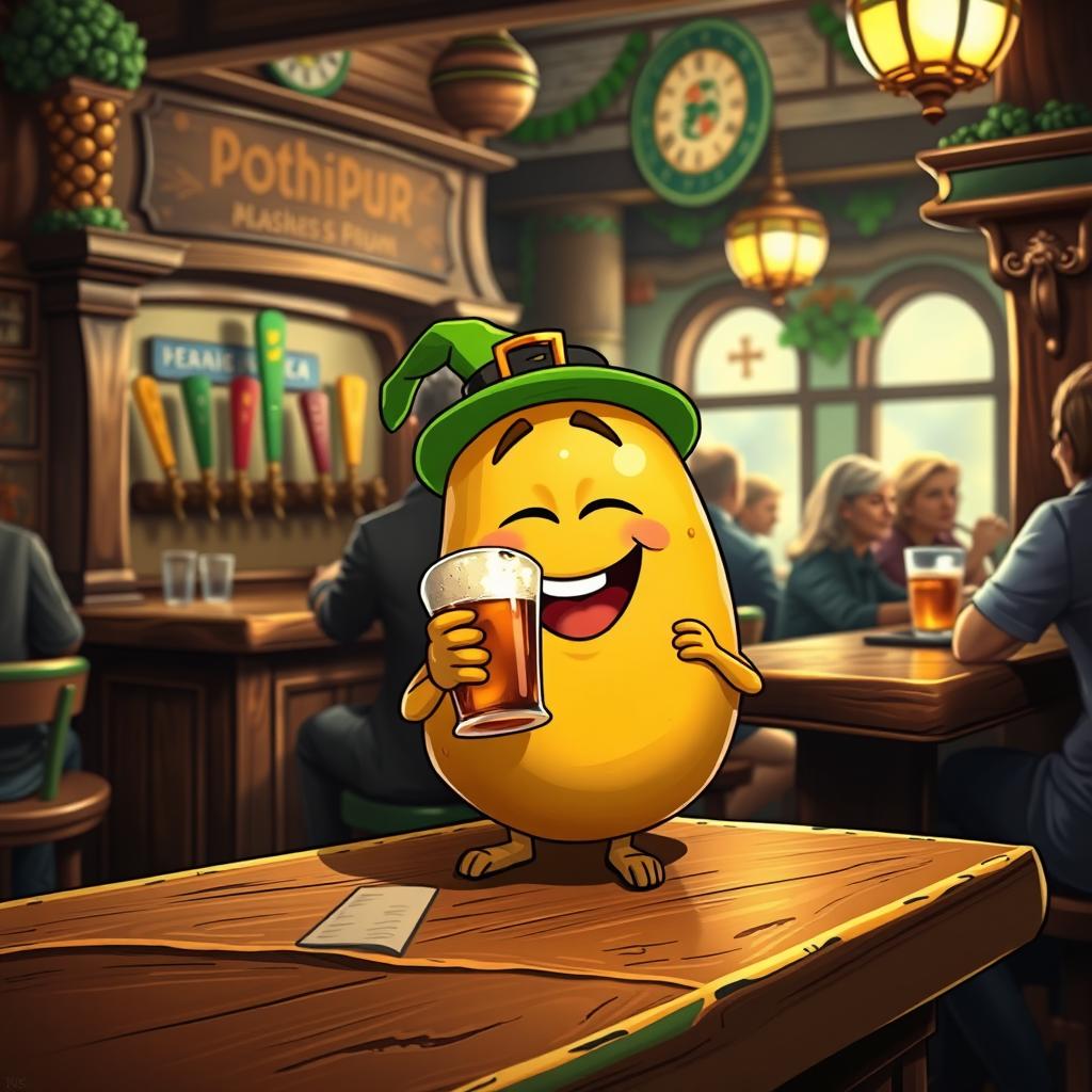 A whimsical scene featuring a cartoonish potato character joyfully drinking a glass of rum, sitting at a rustic wooden bar in an Irish pub