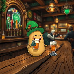 A whimsical scene featuring a cartoonish potato character joyfully drinking a glass of rum, sitting at a rustic wooden bar in an Irish pub
