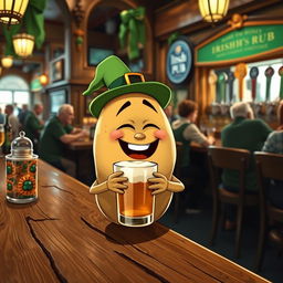 A whimsical scene featuring a cartoonish potato character joyfully drinking a glass of rum, sitting at a rustic wooden bar in an Irish pub