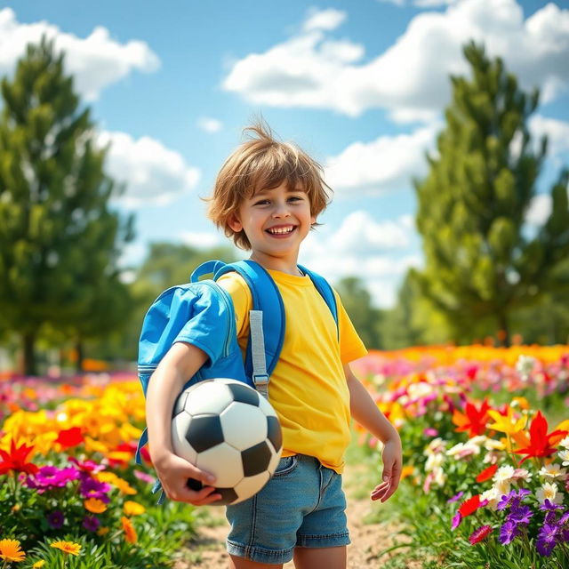 A young boy, smiling brightly with a shiny, playful blue backpack, standing in a vibrant park filled with colorful flowers and tall green trees in the background