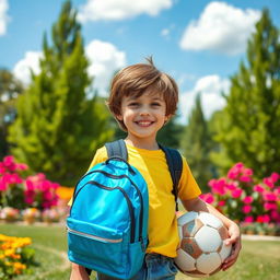A young boy, smiling brightly with a shiny, playful blue backpack, standing in a vibrant park filled with colorful flowers and tall green trees in the background