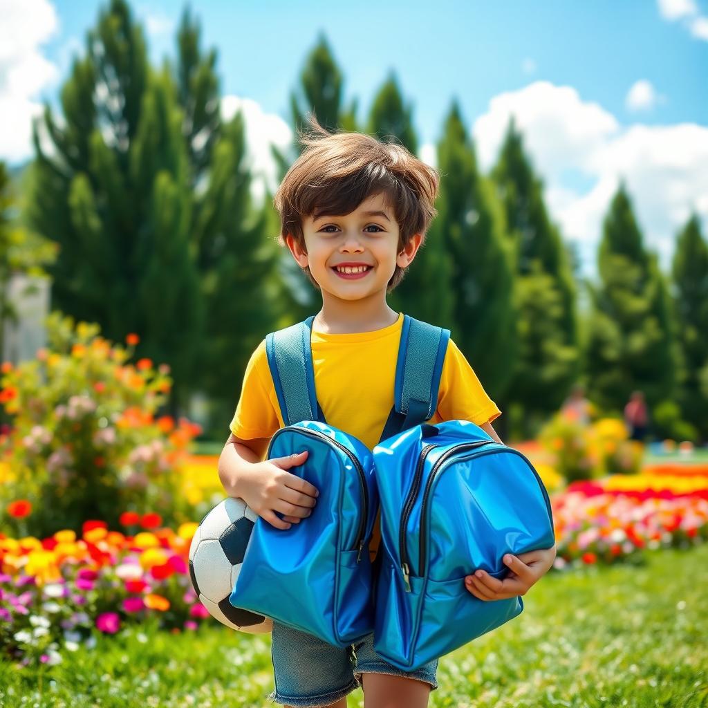 A young boy, smiling brightly with a shiny, playful blue backpack, standing in a vibrant park filled with colorful flowers and tall green trees in the background