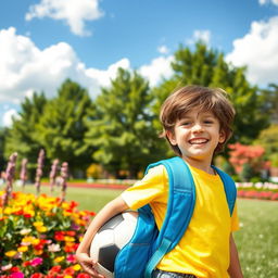 A young boy, smiling brightly with a shiny, playful blue backpack, standing in a vibrant park filled with colorful flowers and tall green trees in the background