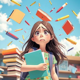 A whimsical scene featuring a girl with a distressed expression as she watches her school supplies, like notebooks, pens, and textbooks, flying chaotically around her