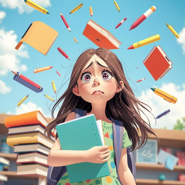 A whimsical scene featuring a girl with a distressed expression as she watches her school supplies, like notebooks, pens, and textbooks, flying chaotically around her