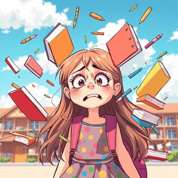 A whimsical scene featuring a girl with a distressed expression as she watches her school supplies, like notebooks, pens, and textbooks, flying chaotically around her