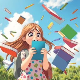 A whimsical scene featuring a girl with a distressed expression as she watches her school supplies, like notebooks, pens, and textbooks, flying chaotically around her