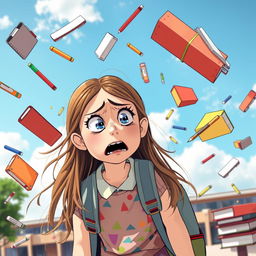 A whimsical scene featuring a girl with a distressed expression as she watches her school supplies, like notebooks, pens, and textbooks, flying chaotically around her