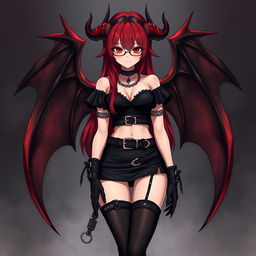 A striking gothic anime girl with an alluring appearance, featuring long red hair, demonic wings, and prominent horns
