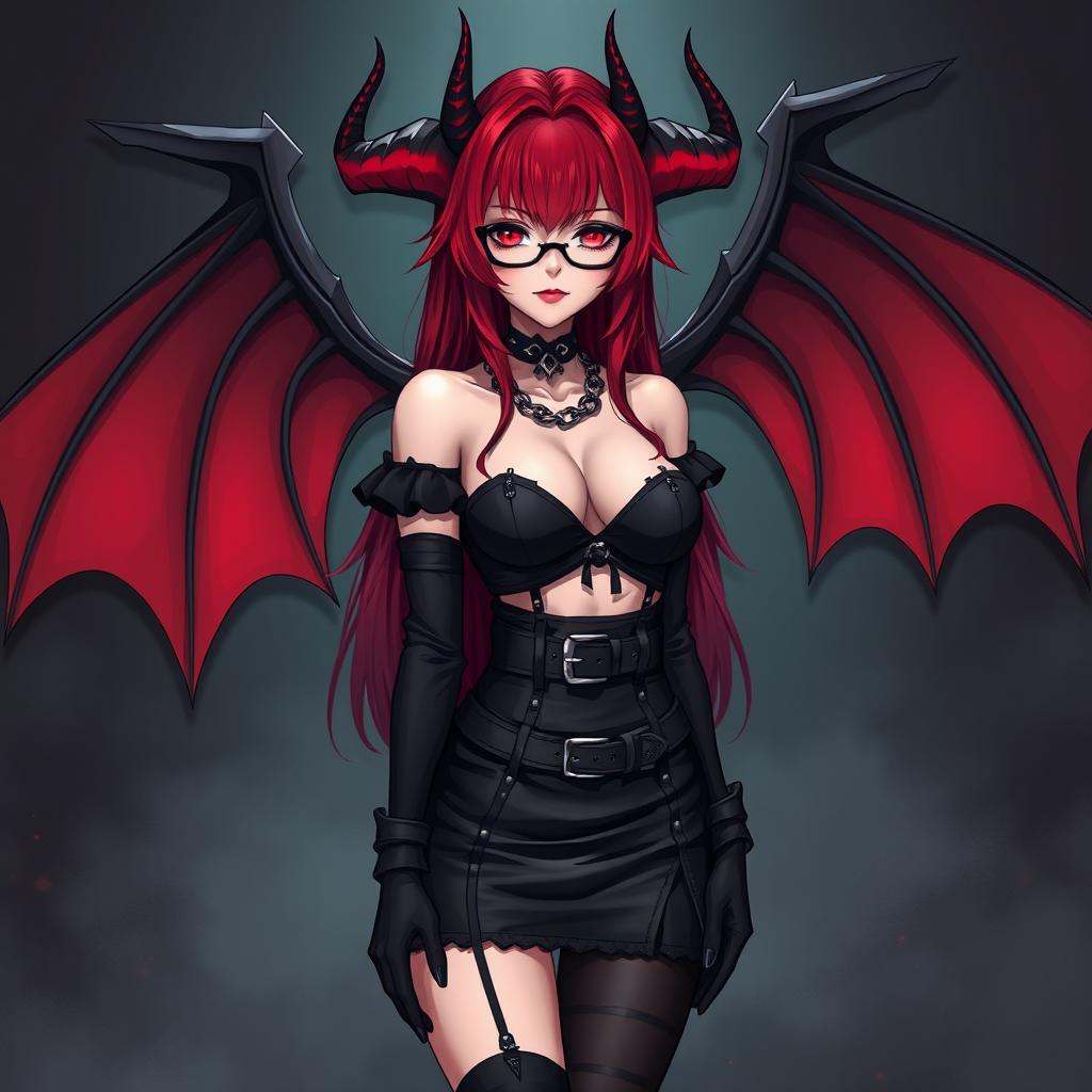 A striking gothic anime girl with an alluring appearance, featuring long red hair, demonic wings, and prominent horns