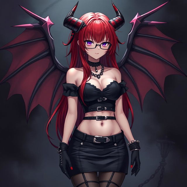 A striking gothic anime girl with an alluring appearance, featuring long red hair, demonic wings, and prominent horns