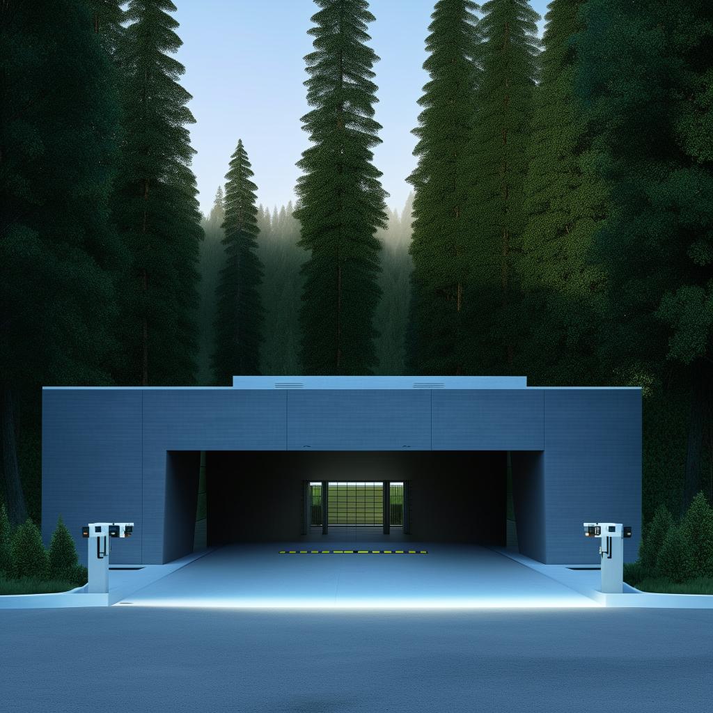 front view of entrance of futuristic maximum-security penitentiary's driveway including security cameras in the middle of forest in broad daylight based on https://files.dreamhome.software/files/static/37174