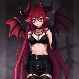 A striking gothic anime girl with an alluring appearance, featuring long red hair, demonic wings, and prominent horns