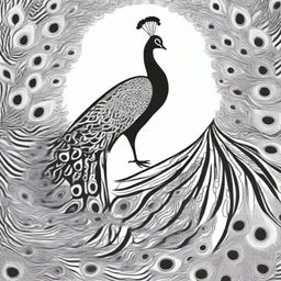 A distinct black and white image, created with a sharpie marker, showcases a peacock in a unique style