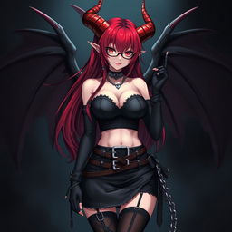 An alluring gothic anime girl with striking features including long red hair, demonic wings, and prominent horns